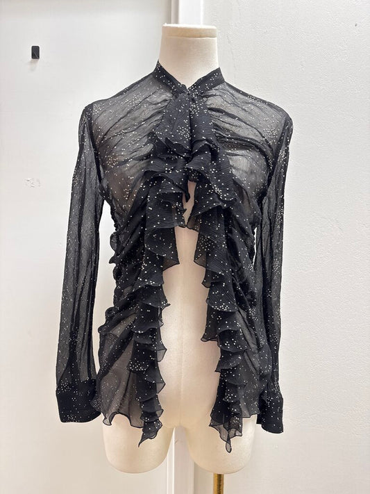 Donna Karan Black Pin Dot Ruffle Blouse