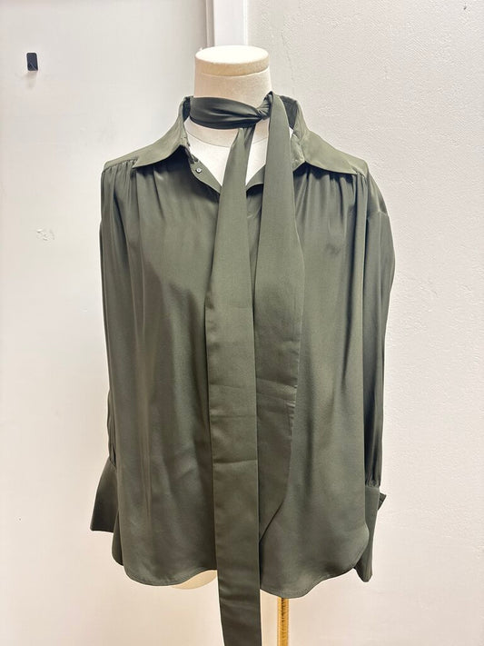 Elaine Kim Olive Silk Tie Front Blouse