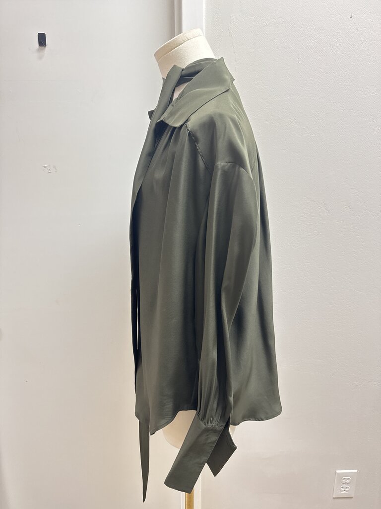 Elaine Kim Olive Silk Tie Front Blouse