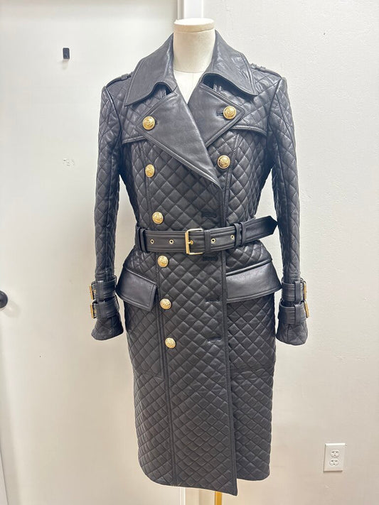Balmain Quilted Leather Belted Trench Coat