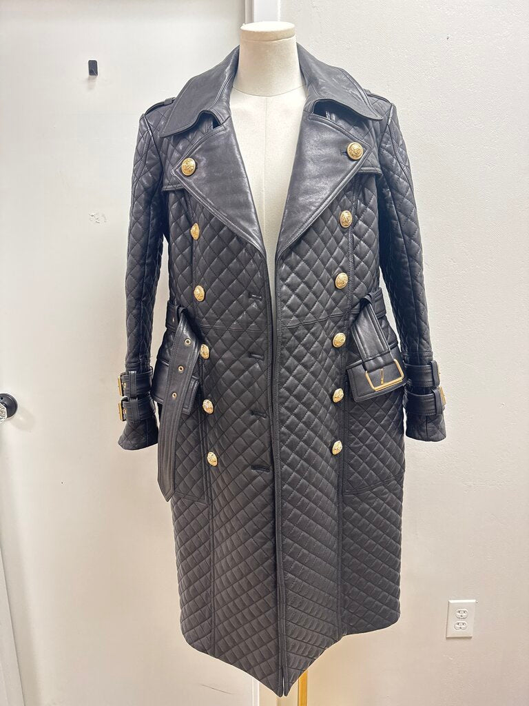 Balmain Quilted Leather Belted Trench Coat
