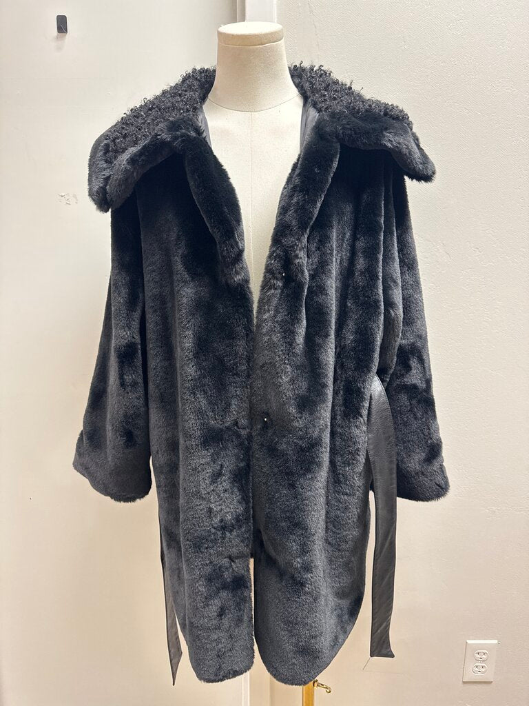 Monnalisa Black Faux Fur Belted Jacket NWT