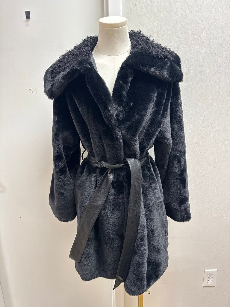 Monnalisa Black Faux Fur Belted Jacket NWT