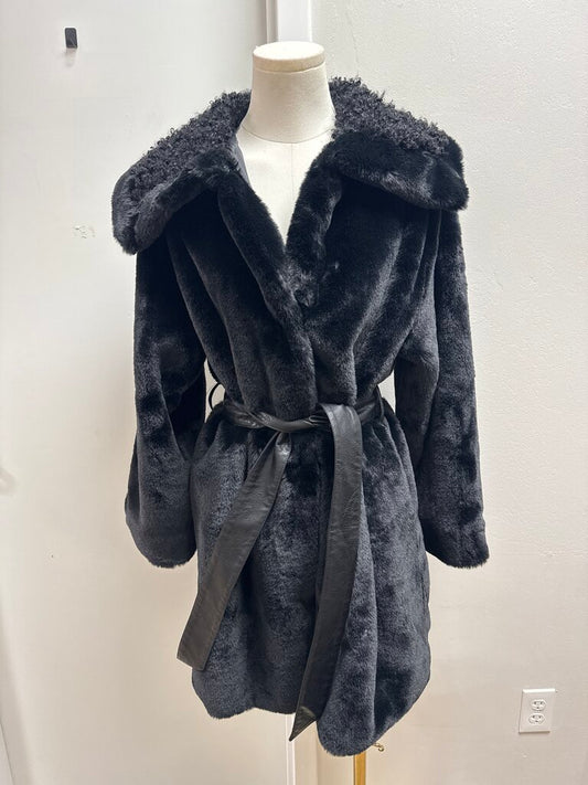 Monnalisa Black Faux Fur Belted Jacket NWT