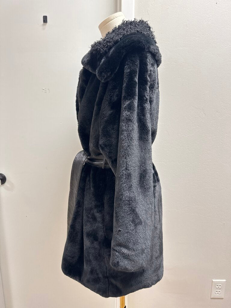 Monnalisa Black Faux Fur Belted Jacket NWT