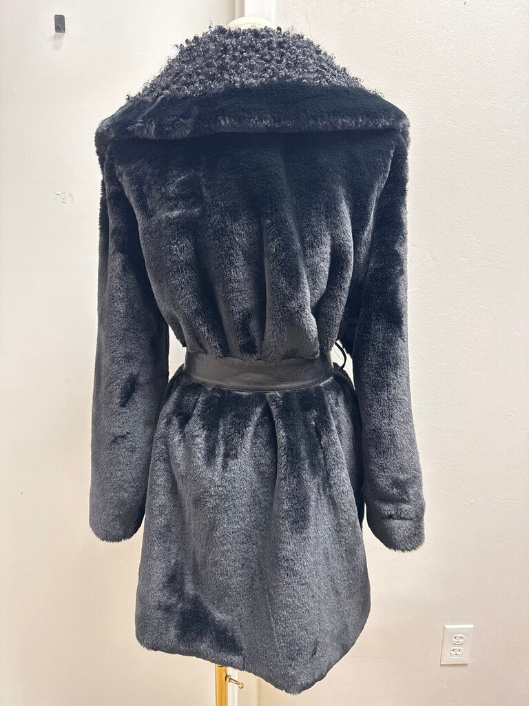 Monnalisa Black Faux Fur Belted Jacket NWT