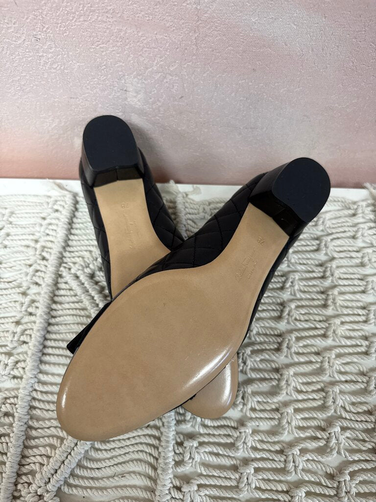 Ferragamo Black Patent and Leather Quilted Cap Toe Bow Pump NWT