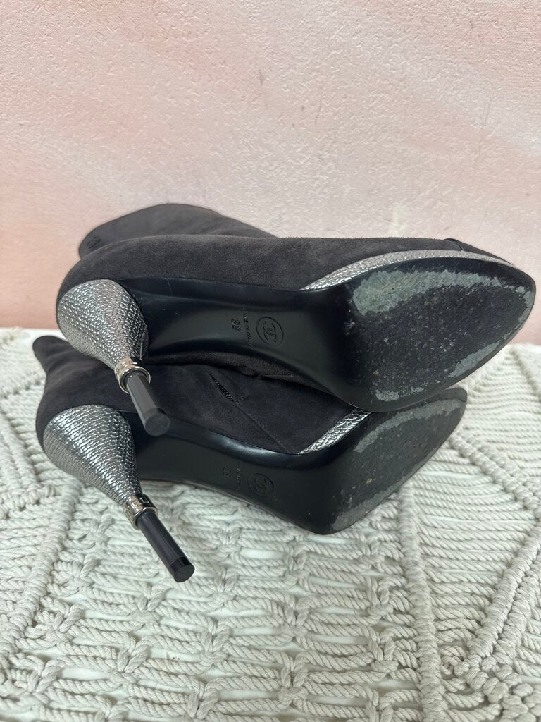 Chanel Grey Suede and Satin Cap Toe Bootie w/Box