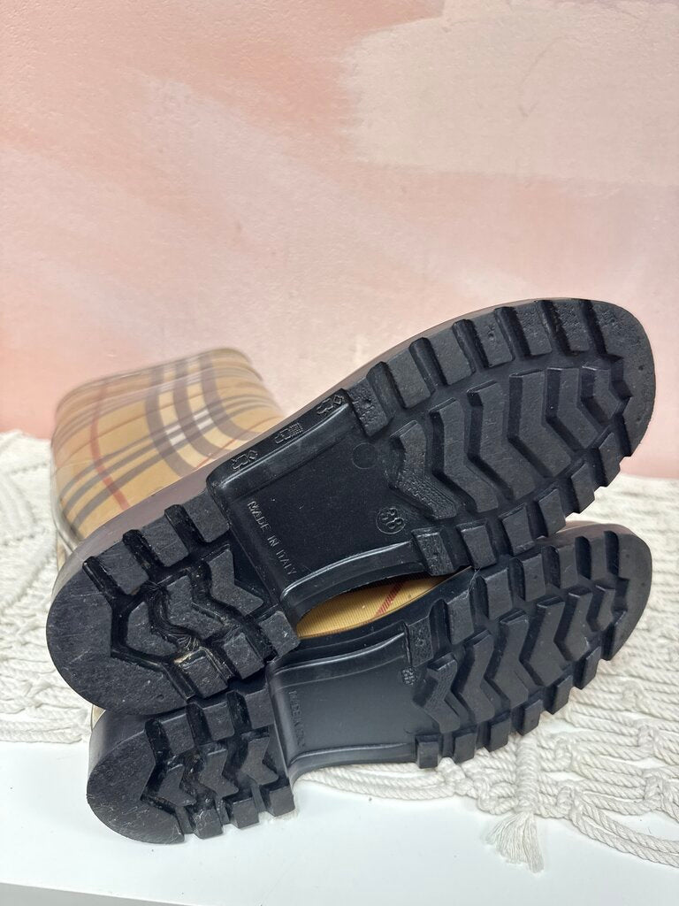 Burberry Tan Plaid Rubber Boots