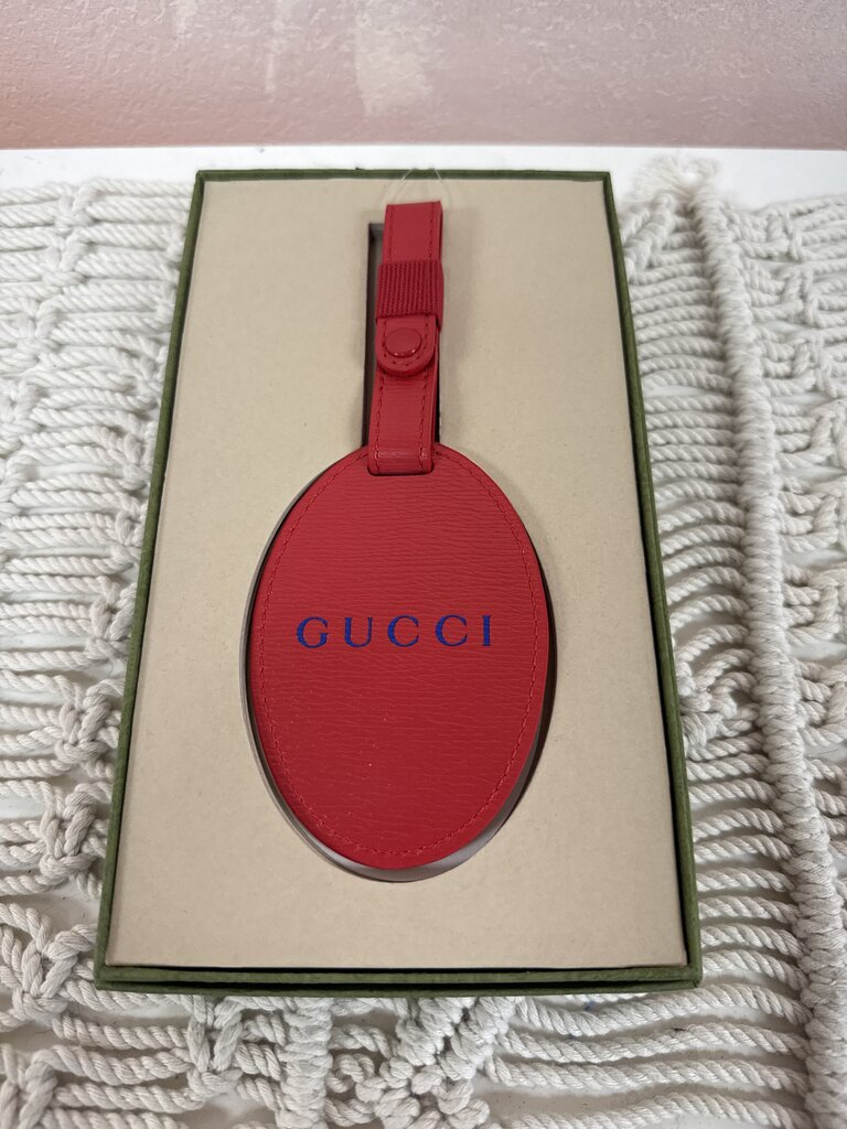Gucci Red Leather Logo Luggage Tag w/Box