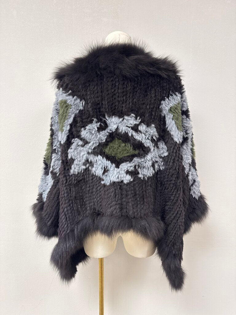 Elizabeth and James Black Diamond Print Rabbit Fur Jacket