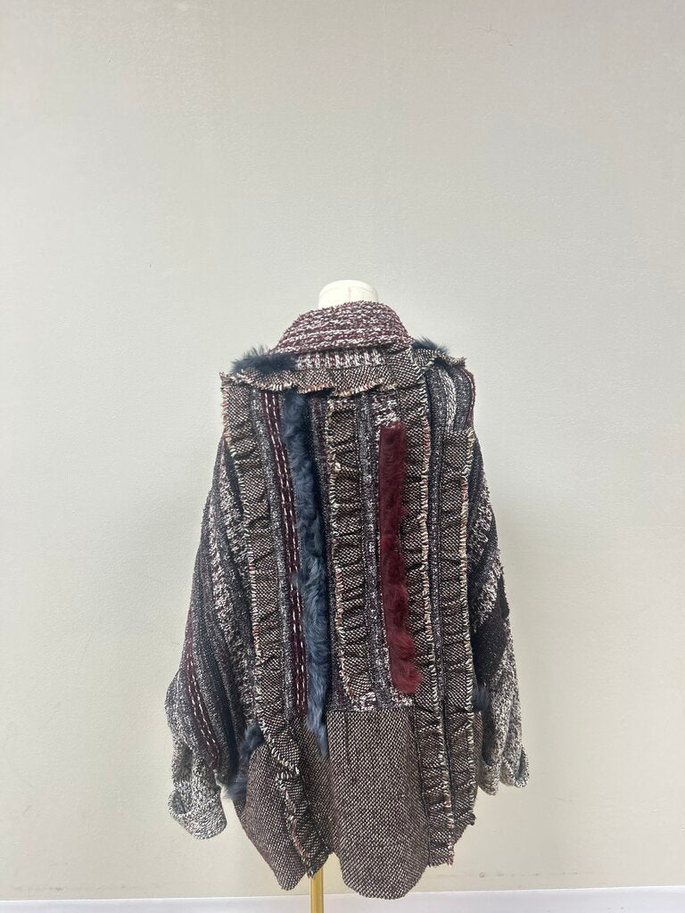 Tricot Chic Maroon Knit and Fur Patchwork Cardigan