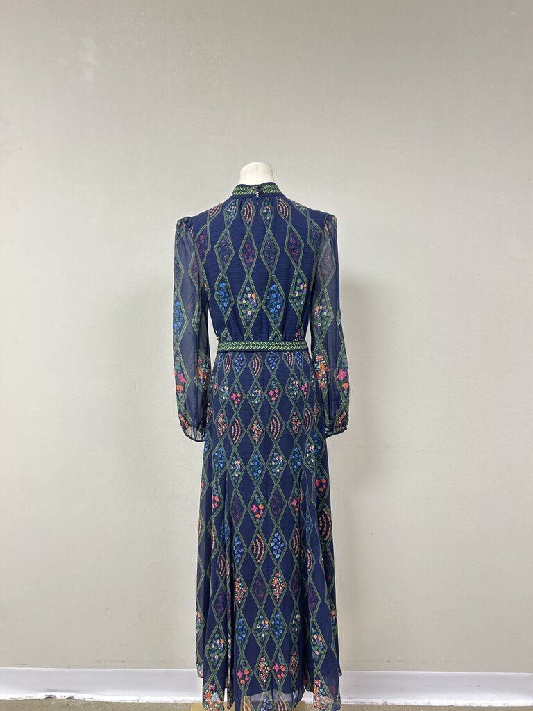 Saloni Blue Floral Mock Neck Belted Maxi Dress