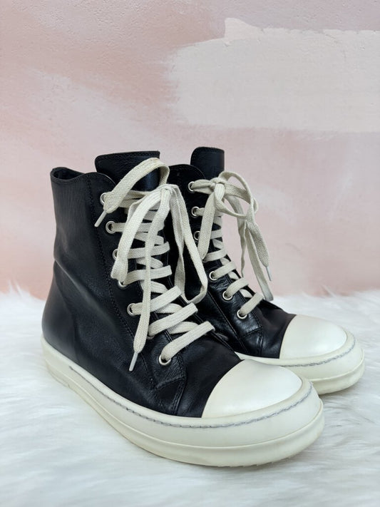 Rick Owens Black and Milk Leather High Top Sneaker