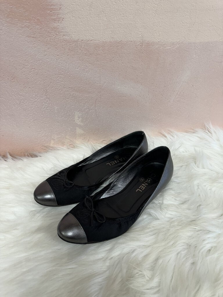 Chanel Black and Silver Satin Cap Toe Ballet Flat (As Is)