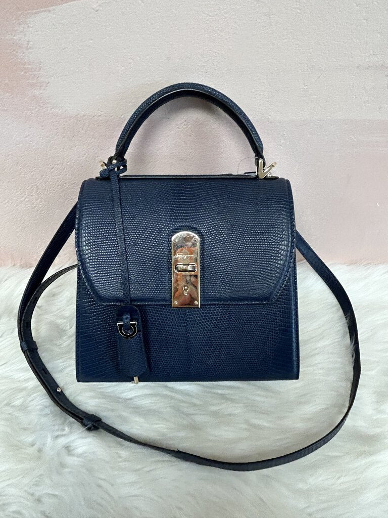 Ferragamo Lizard Boxyz Steel Blue Shoulder Bag