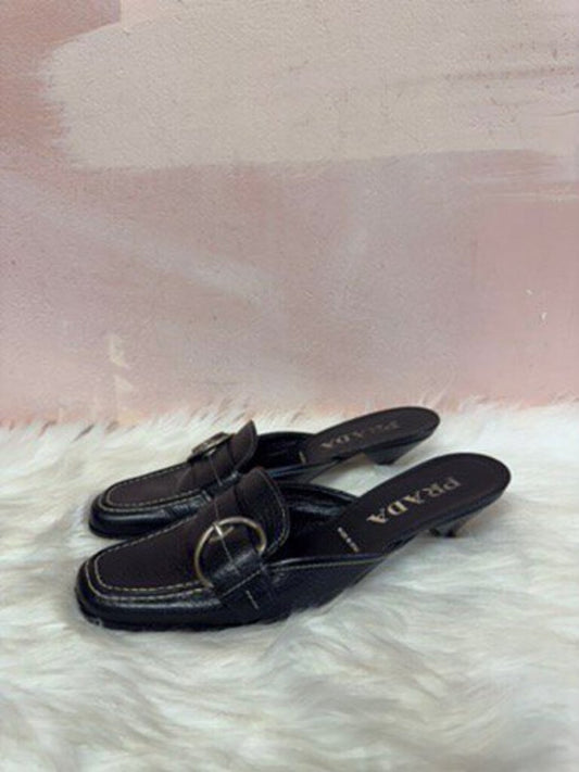 Prada Black Vintage Leather Buckle Mule