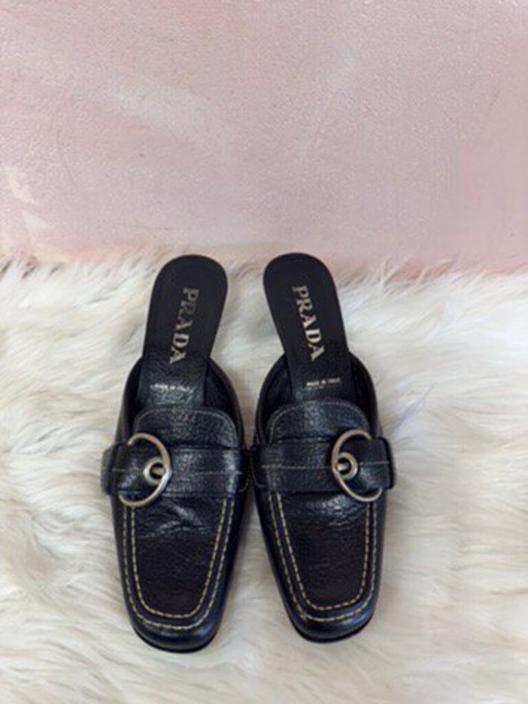 Prada Black Vintage Leather Buckle Mule