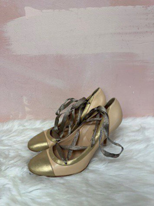 Chanel Beige and Gold Lace Up Cap Toe Pump