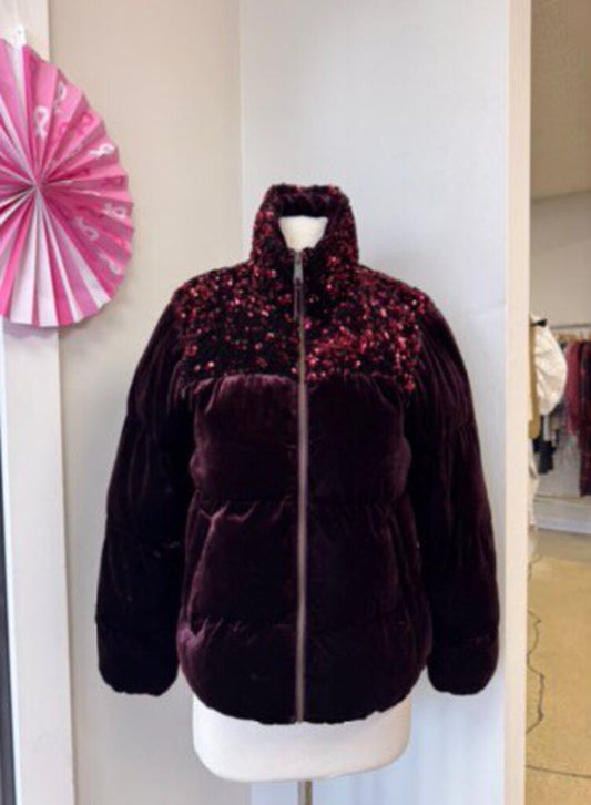 Maeve Merlot Velvet and Sequin Puffer Jacket