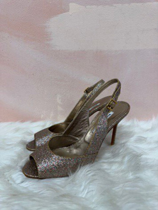 Manolo Gold Glitter Open Toe Ankle Strap Pump