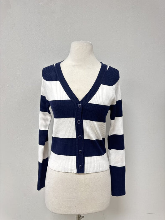 Maeve Blue and White Striped Ribbed Cardigan