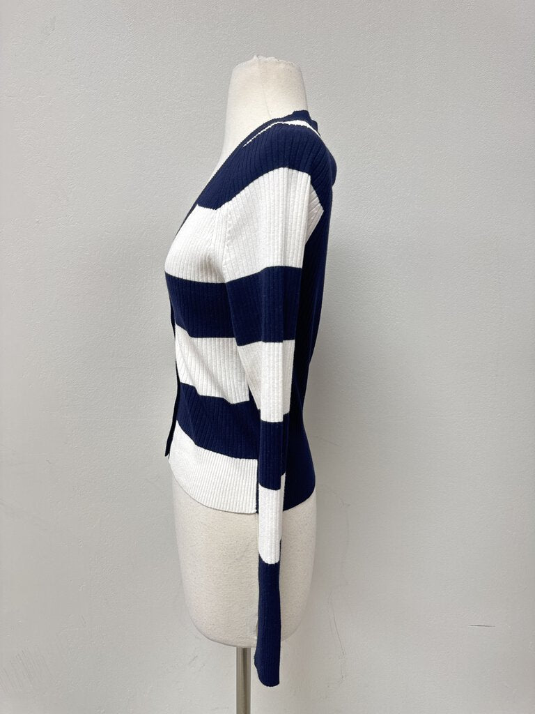 Maeve Blue and White Striped Ribbed Cardigan