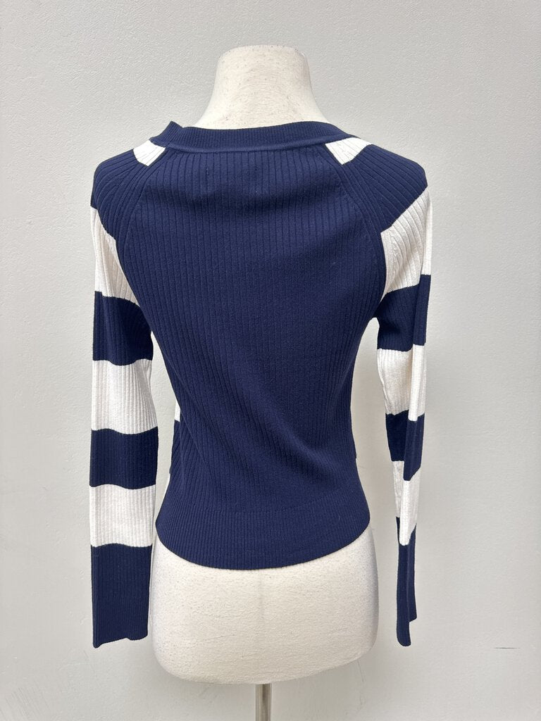 Maeve Blue and White Striped Ribbed Cardigan