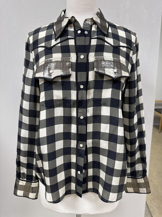 alice + olivia Buffalo Check Silk Blouse W/Silver Detail