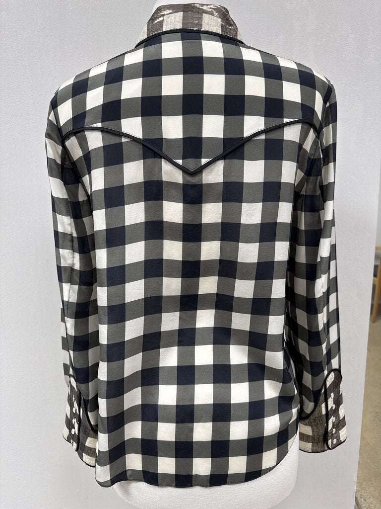 alice + olivia Buffalo Check Silk Blouse W/Silver Detail