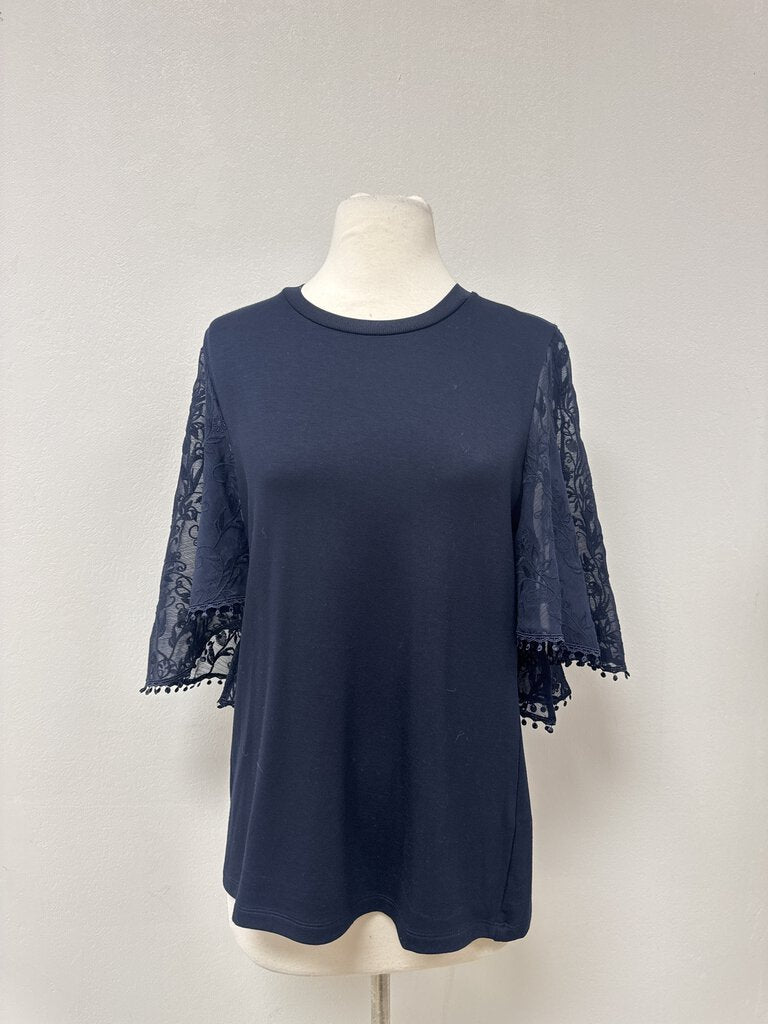 Elie Tahari Navy Lace Sleeve Tee NWT