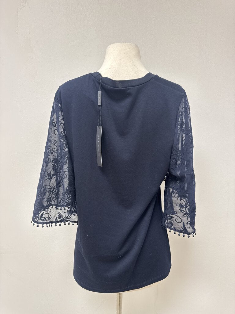 Elie Tahari Navy Lace Sleeve Tee NWT