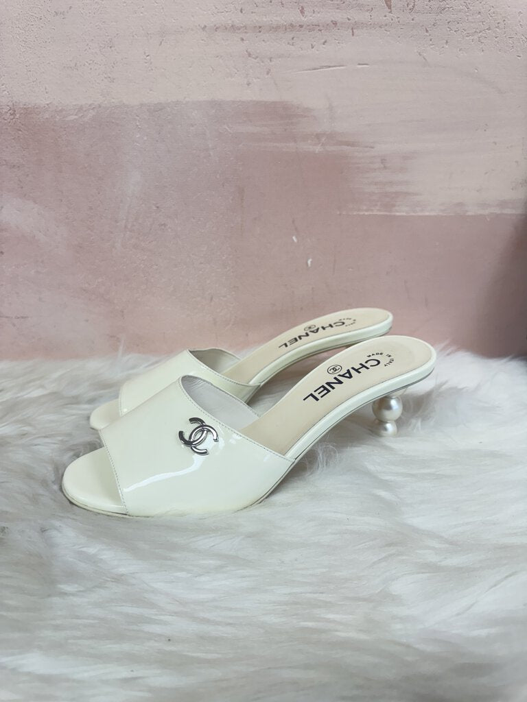 Chanel White Patent and Pearl Heels '23