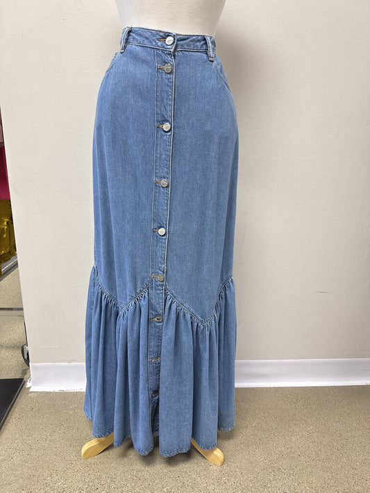 Ganni Ruffle Bottom Maxi Denim Skirt