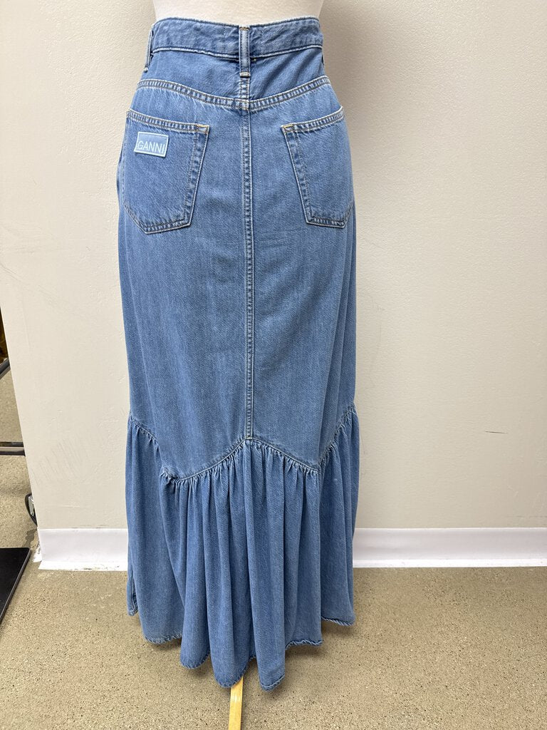 Ganni Ruffle Bottom Maxi Denim Skirt