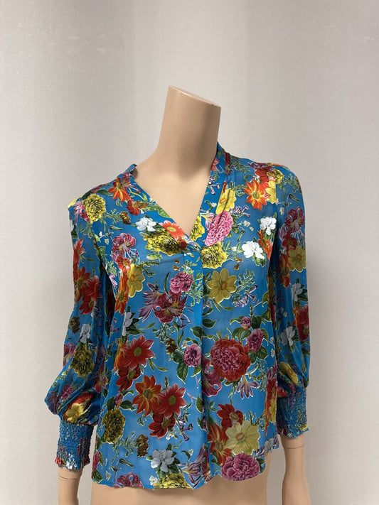 Alice + Olivia Blue Multi Floral Velvet and Silk Blouse