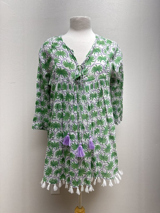 Ro's Garden Palm Print W/Fringe Blouse