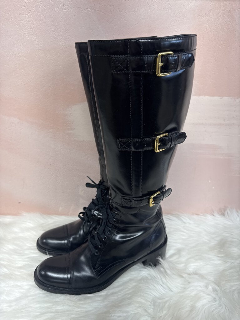 Gucci Black Leather Tall Lace Up Combat Boot