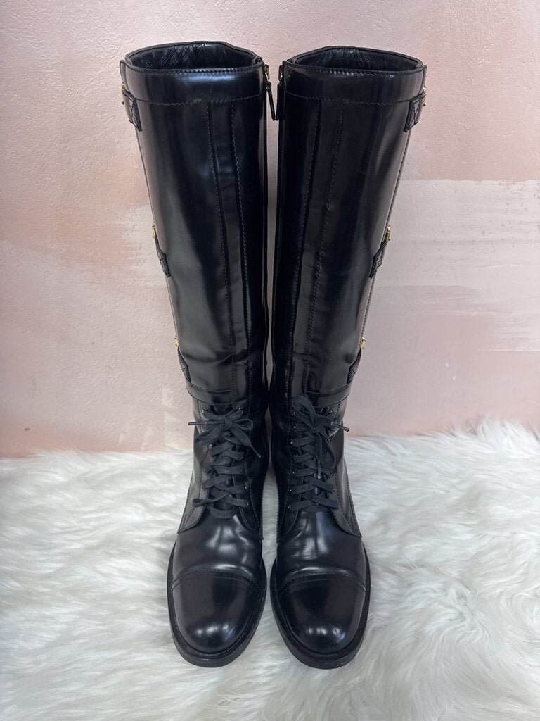 Gucci Black Leather Tall Lace Up Combat Boot