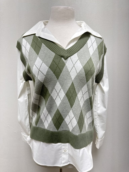 Max Studio Green Argyle Faux Shirt