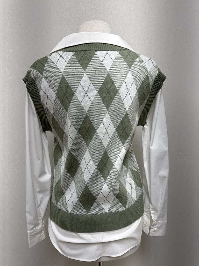 Max Studio Green Argyle Faux Shirt