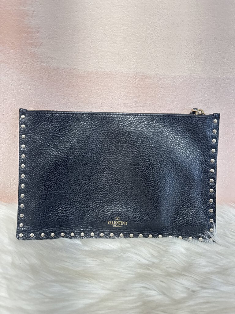 Valentino Black Pebbled Leather Rockstud Clutch