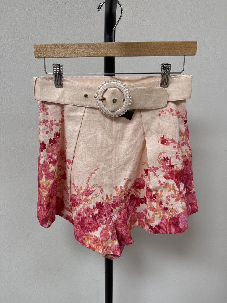 Zimmermann Linen Pink Floral Belted Shorts