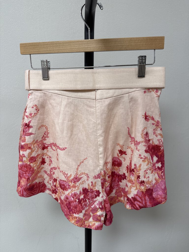 Zimmermann Linen Pink Floral Belted Shorts