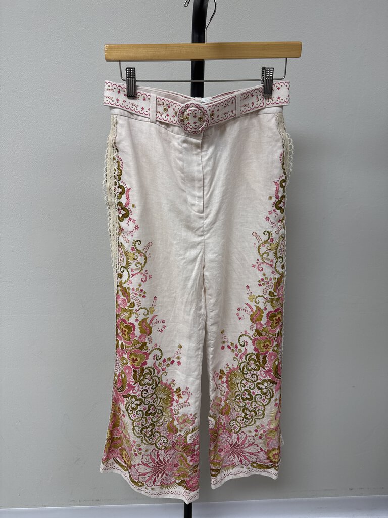 Zimmermann Pink Embroidered Linen Belted Pant