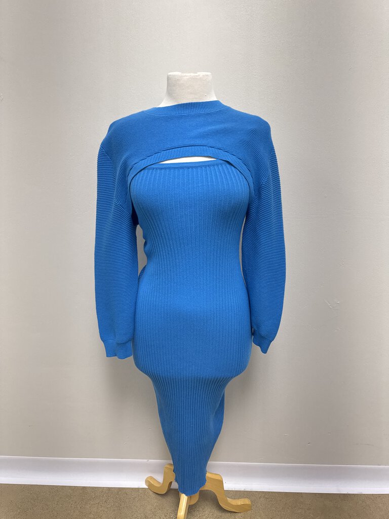 line and Dot Cobalt Ribbed Dress and Shrug Set