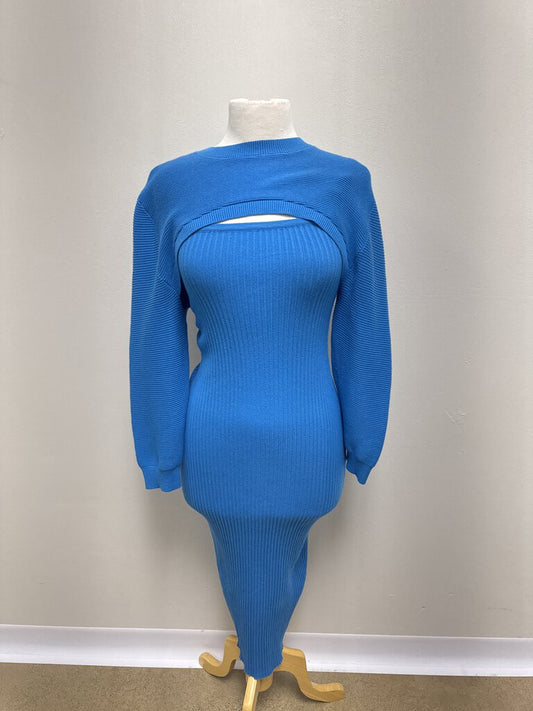 line and Dot Cobalt Ribbed Dress and Shrug Set