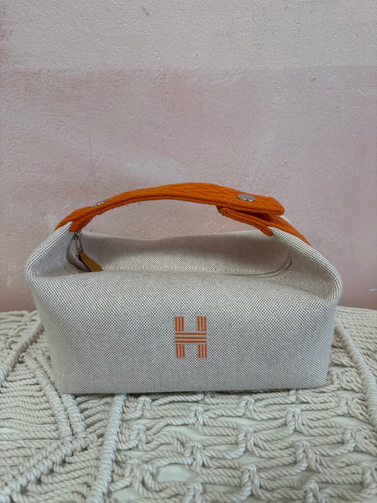 Hermes Natural and Orange Canvas Chevron Bride a Brac Pouch