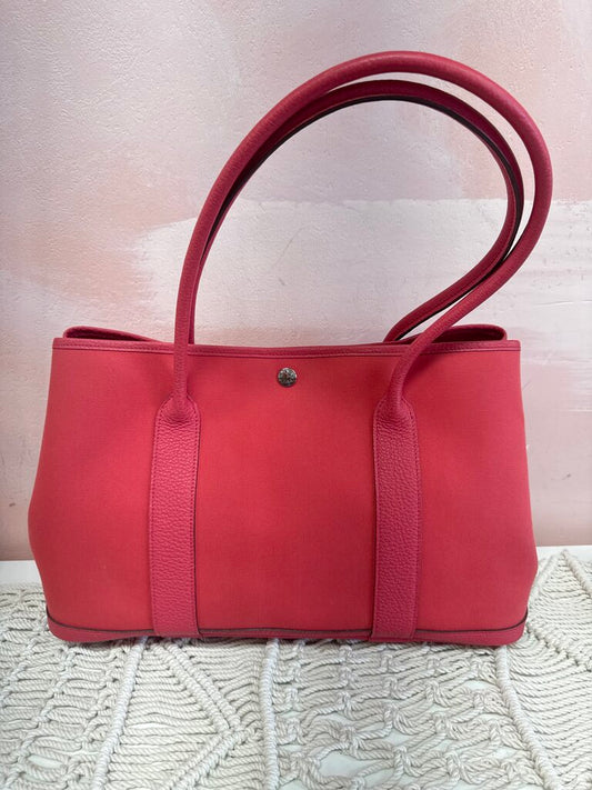 Hermes Red Garden Party Toile and Leather 30 Tote *Box/Dust Bag