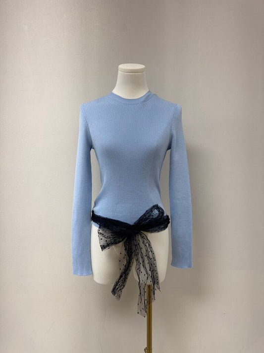 Red Valentino Blue Ribbed Lace Tie Sweater NWT